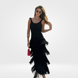 Vestido Longo de Festa com Franjas em Camadas e Alças Finas – Pampelonne - VIEUX OFICIAL