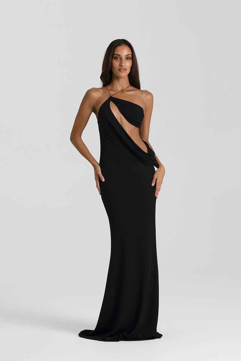 Vestido longo de festa preto com recorte assimétrico e alças finas Nymphe VIEUX OFICIAL