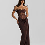 Vestido Longo de Festa com Renda Transparente e Alça Caída – Sloane VIEUX OFICIAL