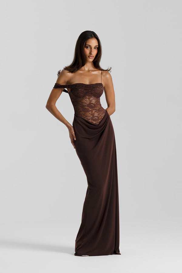 Vestido Longo de Festa com Renda Transparente e Alça Caída – Sloane VIEUX OFICIAL
