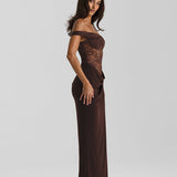 Vestido Longo de Festa com Renda Transparente e Alça Caída – Sloane VIEUX OFICIAL