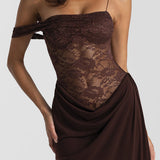 Vestido Longo de Festa com Renda Transparente e Alça Caída – Sloane VIEUX OFICIAL
