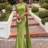 Vestido longo de cetim verde para madrinha Solstice VIEUX OFICIAL