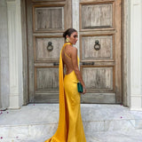Vestido longo acetinado amarelo fluido Solstice VIEUX OFICIAL