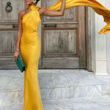 Vestido Longo de Festa em Cetim com Echarpe Fluida – Solstice