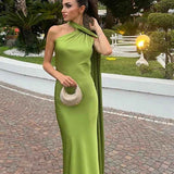 Vestido Longo de Festa em Cetim com Echarpe Fluida – Solstice