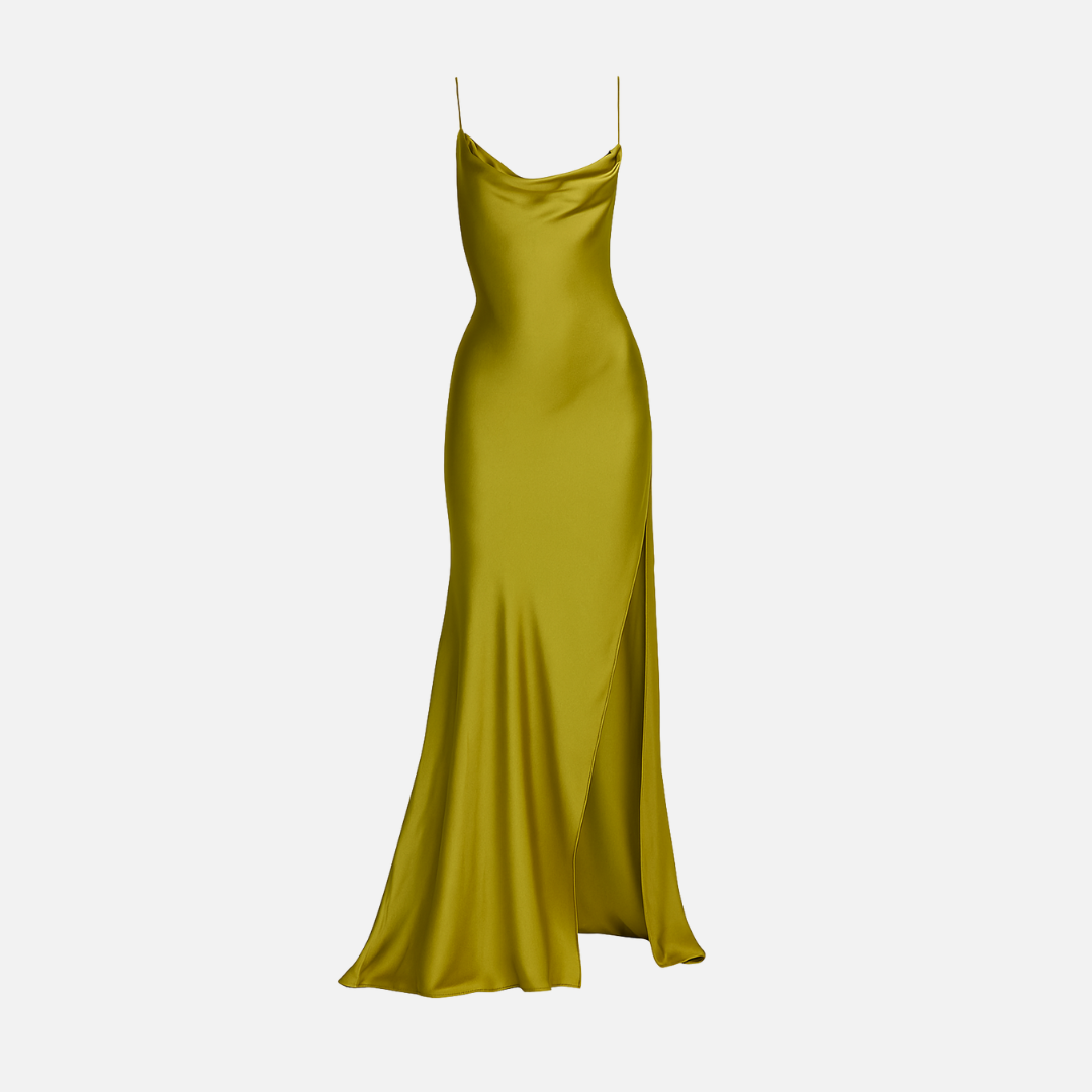 Vestido Longo de Festa em Cetim com Fenda Lateral e Decote Drapeado Feminino Verde Oliva – VIENE
