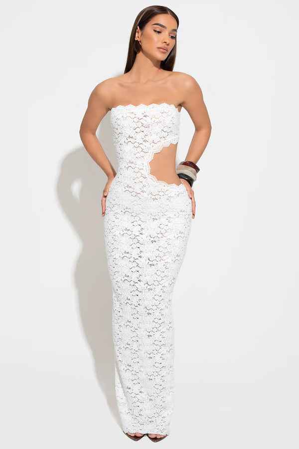 Vestido longo de festa em renda branco com recorte assimétrico Ophélia VIEUX OFICIAL