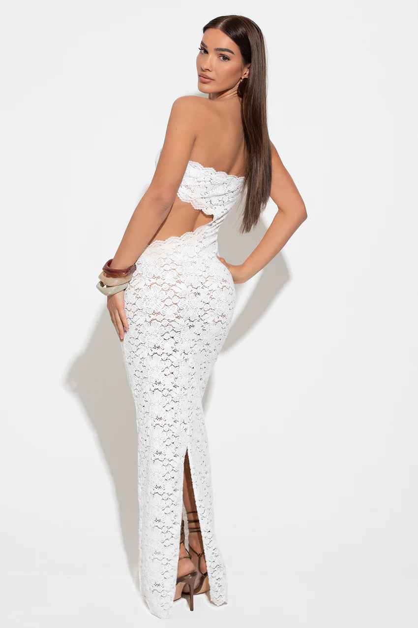 Vestido Longo de Festa em Renda com Recorte Assimétrico – Ophélia