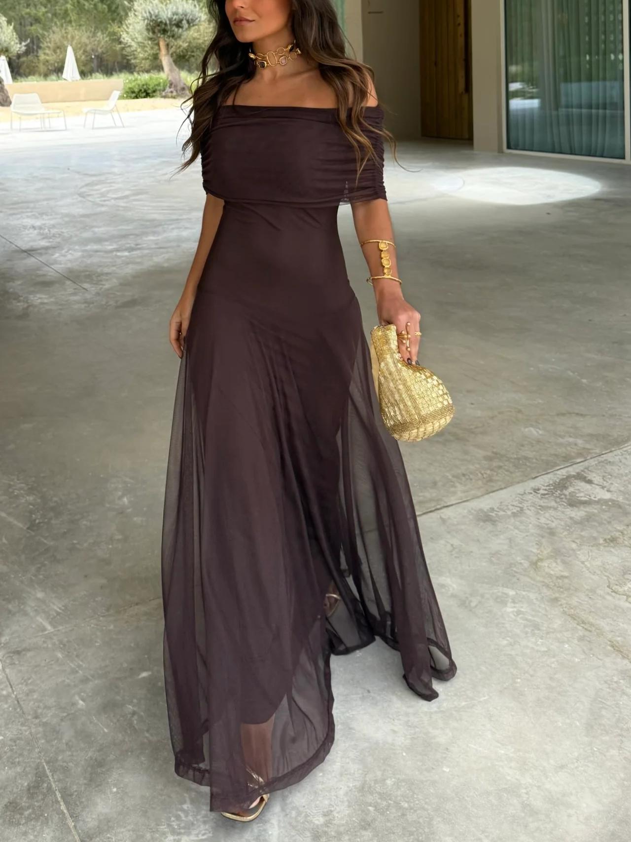 Vestido Longo de Festa em Tule Drapeado com Transparência – Chloé VIEUX OFICIAL