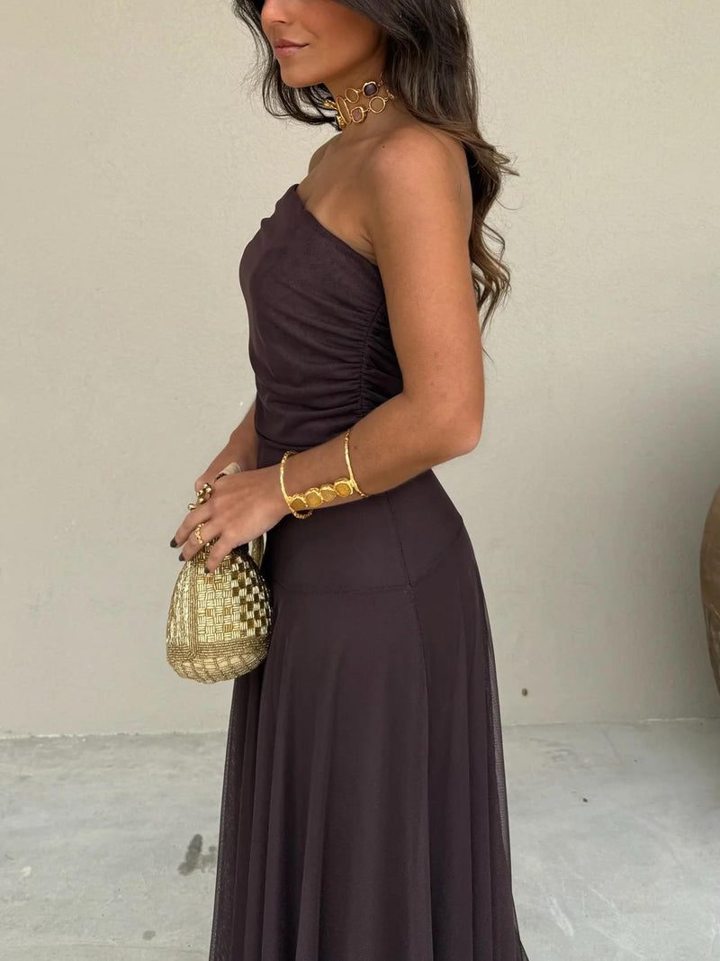 Vestido Longo de Festa em Tule Drapeado com Transparência – Chloé VIEUX OFICIAL