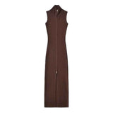 Vestido Longo de Malha Canelada Justo com Zíper Frontal Ajustável – Sprout VIEUX OFICIAL