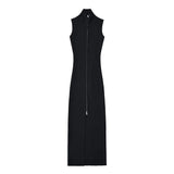 Vestido Longo de Malha Canelada Justo com Zíper Frontal Ajustável – Sprout VIEUX OFICIAL