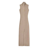 Vestido Longo de Malha Canelada Justo com Zíper Frontal Ajustável – Sprout VIEUX OFICIAL