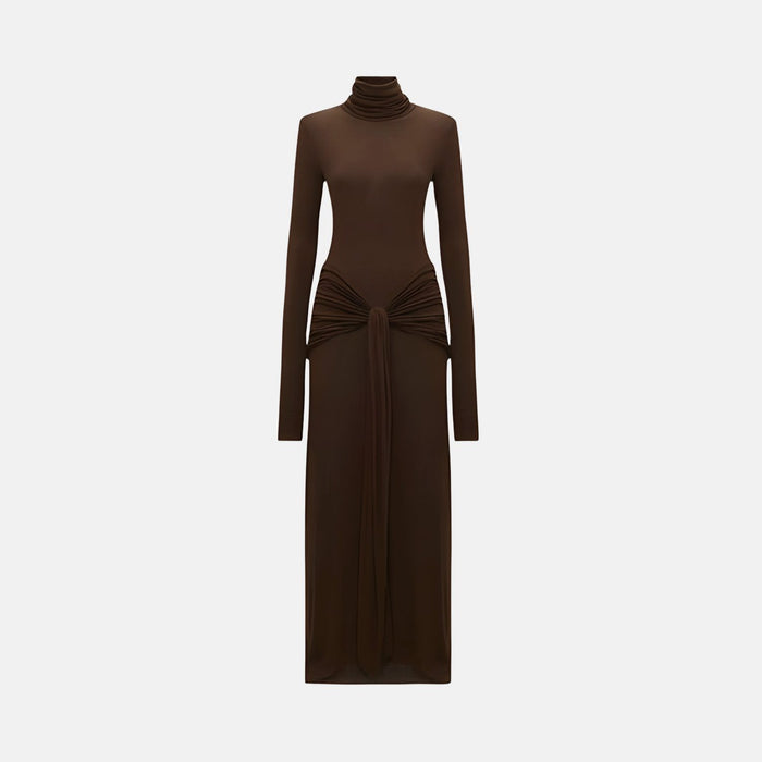 Vestido Longo de Malha com Nó Frontal Gola Alta – Geneva VIEUX OFICIAL