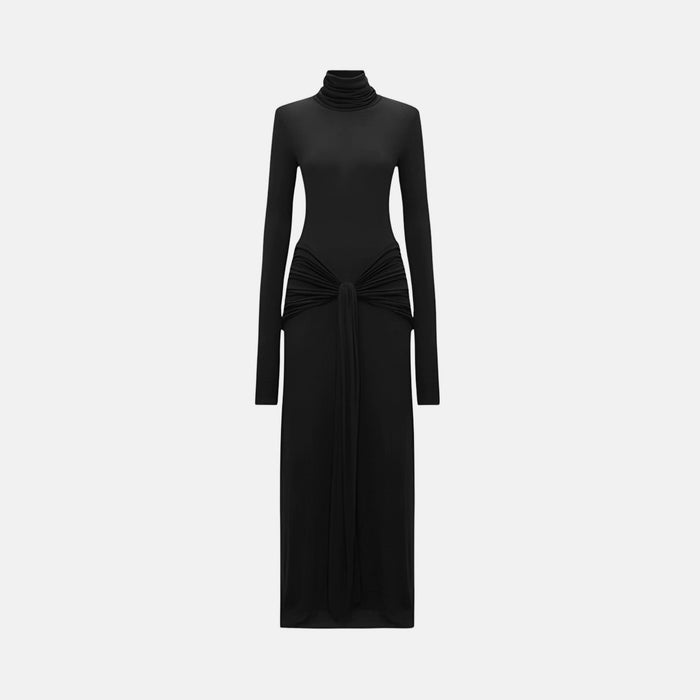 Vestido Longo de Malha com Nó Frontal Gola Alta – Geneva VIEUX OFICIAL