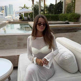 Vestido Longo de Manga Longa em Trama Translúcida – Abysse