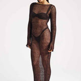 Vestido Longo de Manga Longa em Trama Translúcida – Abysse