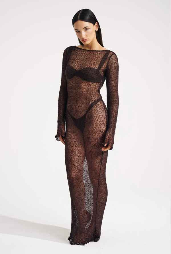 Vestido Longo de Manga Longa em Trama Translúcida – Abysse