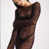 Vestido Longo de Manga Longa em Trama Translúcida – Abysse