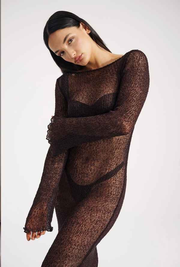 Vestido Longo de Manga Longa em Trama Translúcida – Abysse