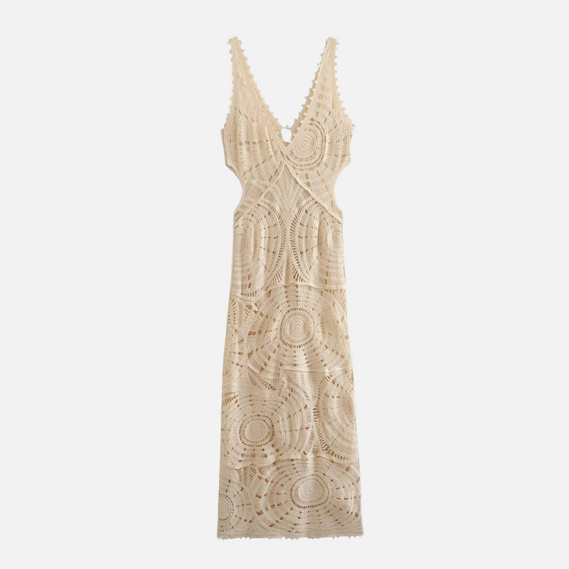 Vestido longo de renda artesanal com transparência e decote profundo bege Clermont VIEUX OFICIAL