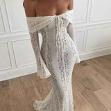 Vestido Longo de Renda Ombro a Ombro com Manga Sino e Silhueta Sereia – Sentier VIEUX OFICIAL