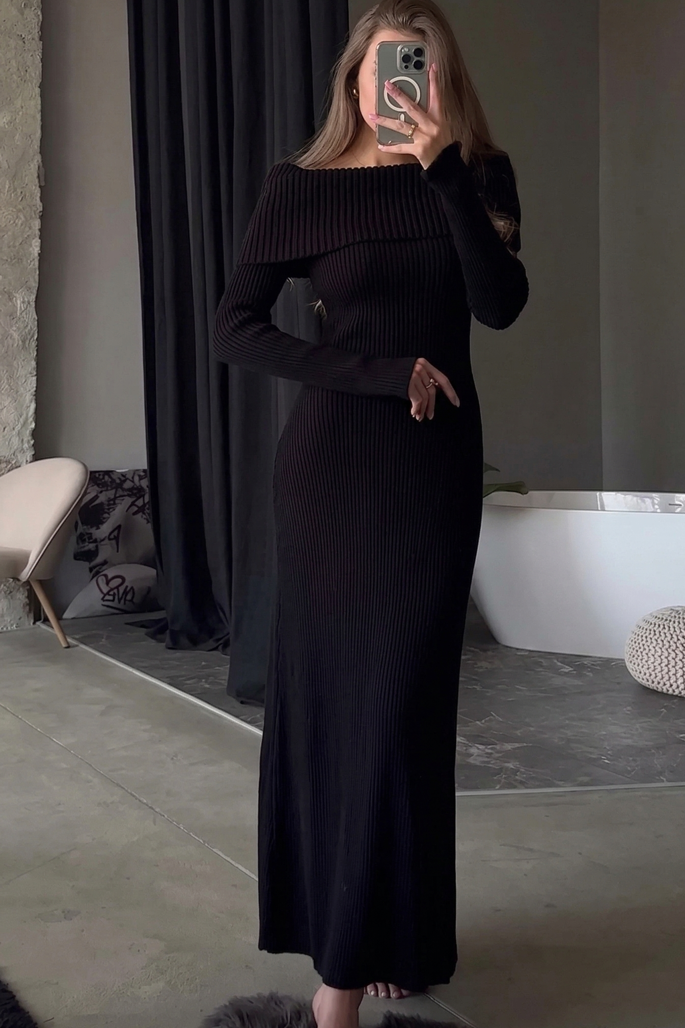 Vestido Longo de Tricô Canelado Ombro a Ombro Manga Longa – Zélie