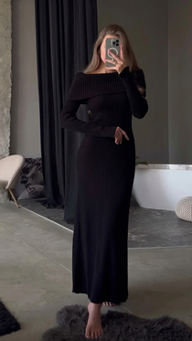 Vestido Longo de Tricô Canelado Ombro a Ombro Manga Longa – Zélie - VIEUX OFICIAL