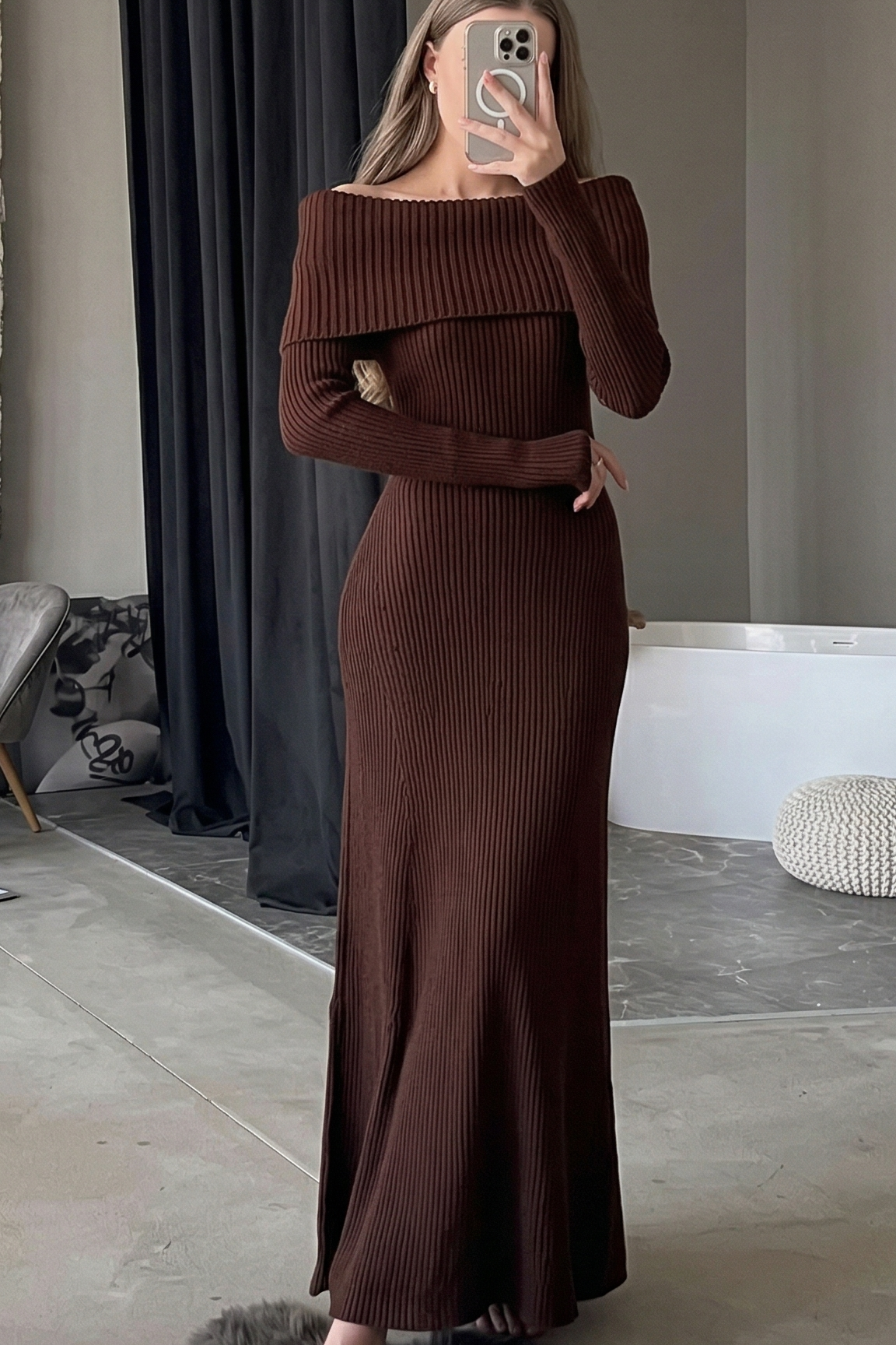 Vestido Longo de Tricô Canelado Ombro a Ombro Manga Longa – Zélie