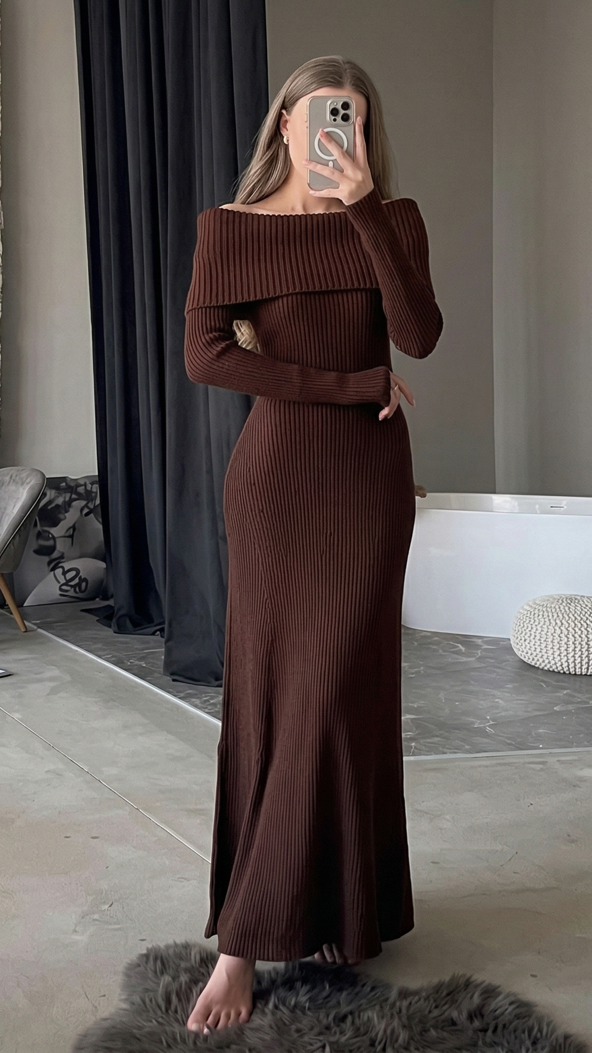 Vestido Longo de Tricô Canelado Ombro a Ombro Manga Longa – Zélie
