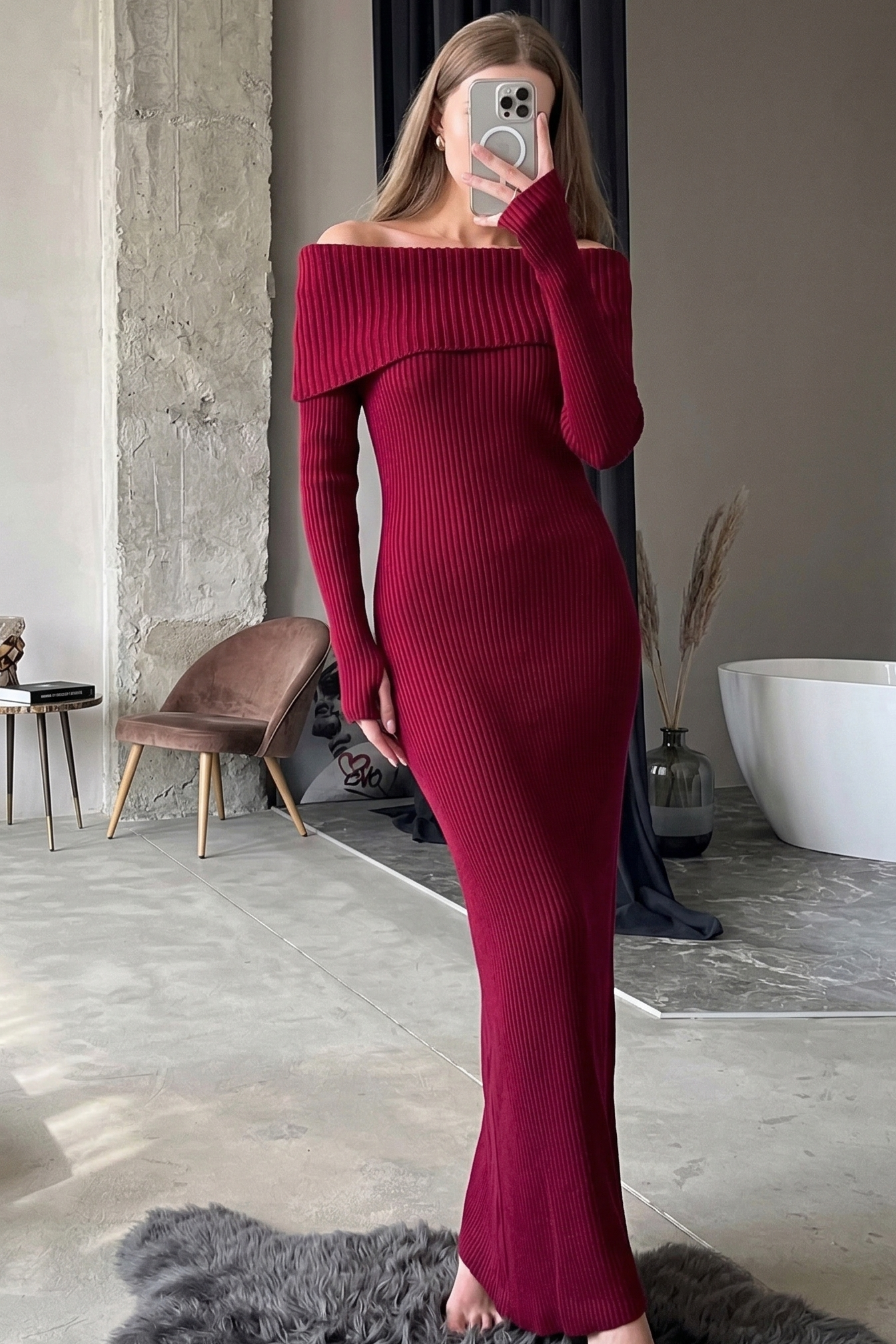 Vestido Longo de Tricô Canelado Ombro a Ombro Manga Longa – Zélie