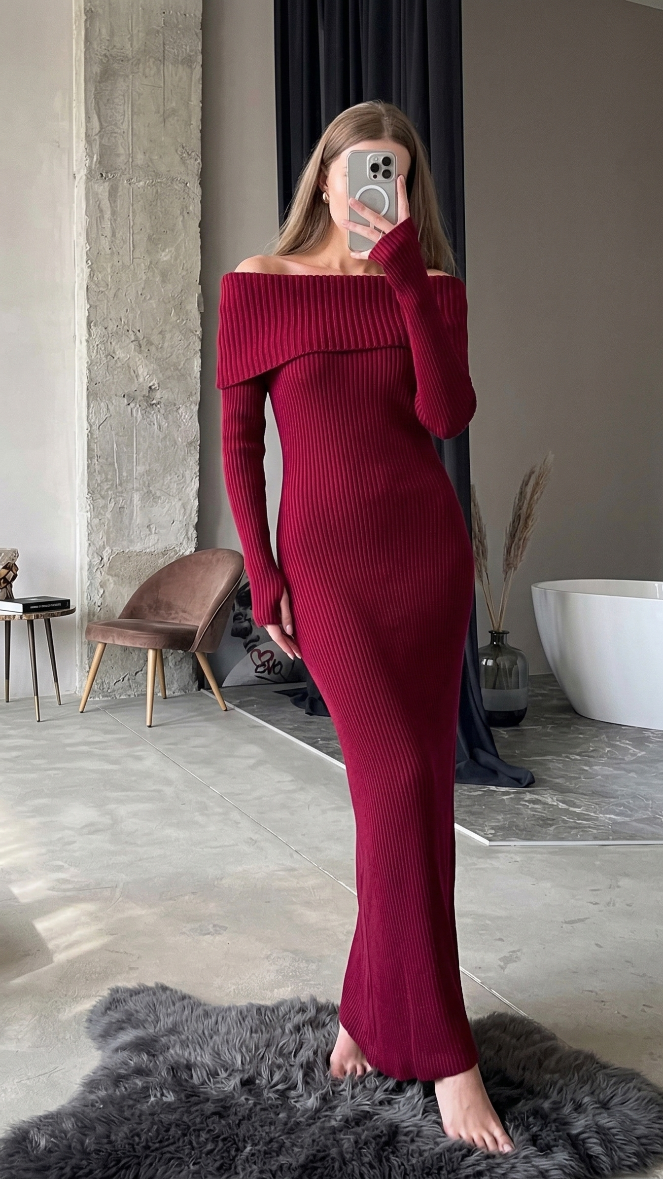 Vestido Longo de Tricô Canelado Ombro a Ombro Manga Longa – Zélie