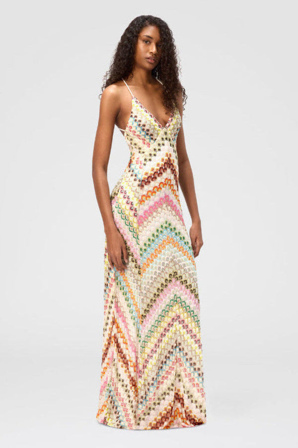 Vestido Longo de Tricô Chevron Colorido Costas Nuas – Positano VIEUX OFICIAL