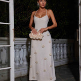 Vestido Longo de Tricô com Aplicações Florais 3D e Alças Finas – Brunel VIEUX OFICIAL