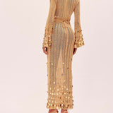 Vestido Longo de Tricô com Paetês Bordados e Manga Sino – Aura