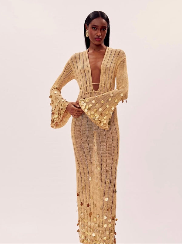 Vestido Longo de Tricô com Paetês Bordados e Manga Sino – Aura VIEUX OFICIAL