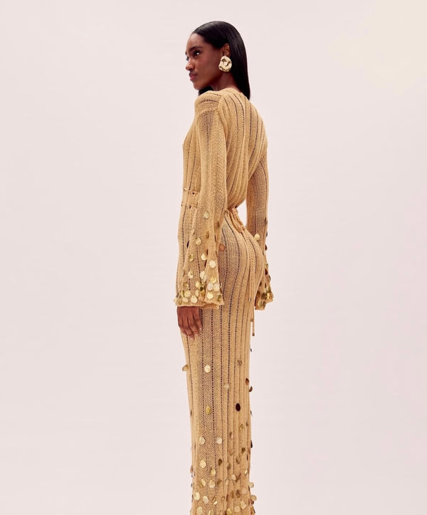 Vestido Longo de Tricô com Paetês Bordados e Manga Sino – Aura VIEUX OFICIAL