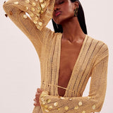 Vestido Longo de Tricô com Paetês Bordados e Manga Sino – Aura VIEUX OFICIAL