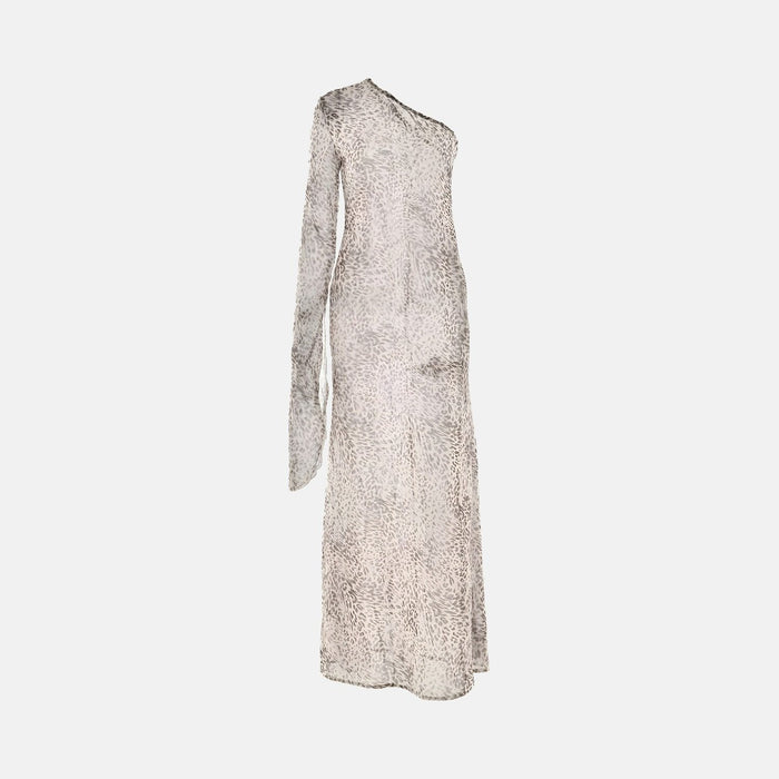 Vestido Longo de Um Ombro Só em Tule com Estampa Animal Print – Léone