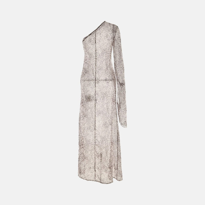 Vestido Longo de Um Ombro Só em Tule com Estampa Animal Print – Léone