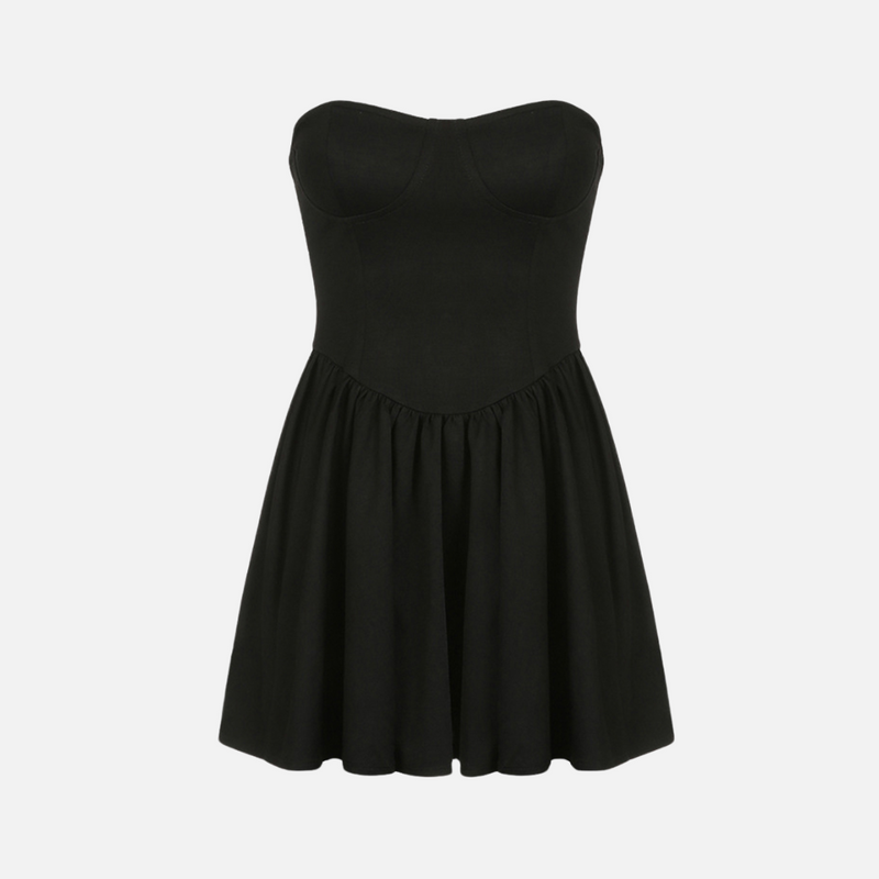 Vestido curto tomara que caia com corpete estruturado e saia evasê preto Merle VIEUX OFICIAL