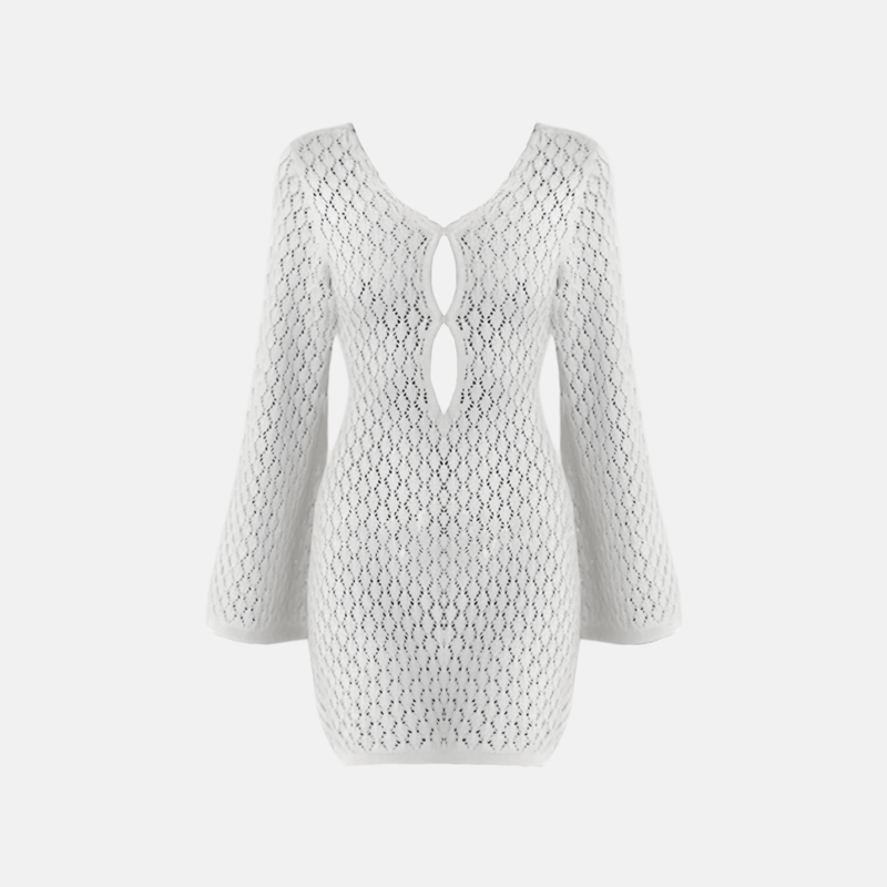 Vestido curto de tricô com manga sino e decote V com recorte branco Michaud VIEUX OFICIAL