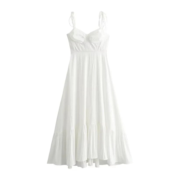 Vestido Midi Branco com Busto Drapeado e Alças de Amarrar – Santorini VIEUX OFICIAL