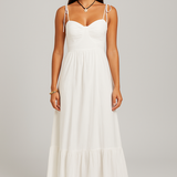 Vestido Midi Branco com Busto Drapeado e Alças de Amarrar – Santorini VIEUX OFICIAL