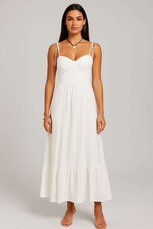 Vestido Midi Branco com Busto Drapeado e Alças de Amarrar – Santorini VIEUX OFICIAL