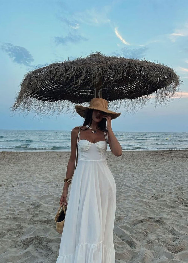Vestido Midi Branco com Busto Drapeado e Alças de Amarrar – Santorini VIEUX OFICIAL
