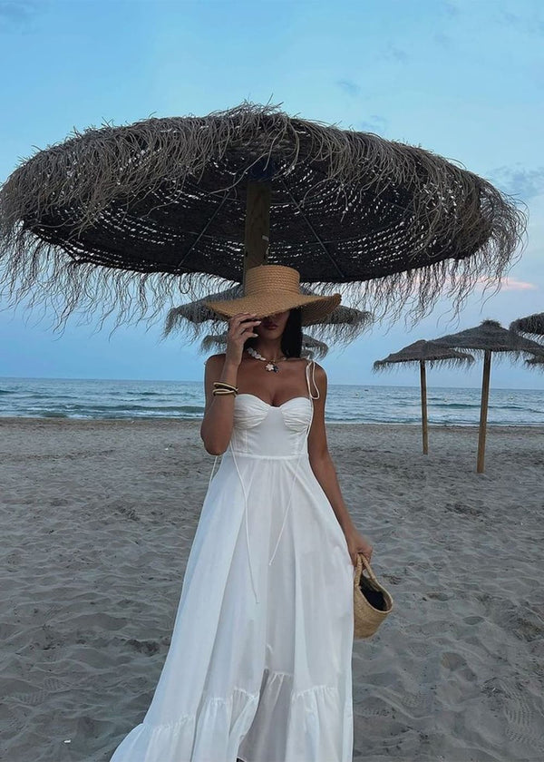 Vestido Midi Branco com Busto Drapeado e Alças de Amarrar – Santorini VIEUX OFICIAL