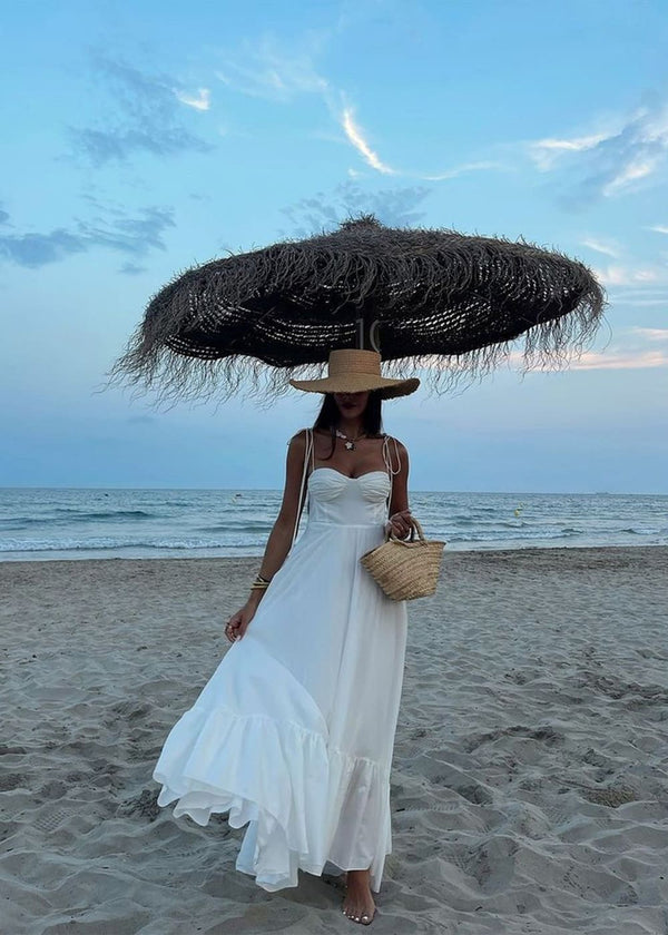 Vestido Midi Branco com Busto Drapeado e Alças de Amarrar – Santorini VIEUX OFICIAL