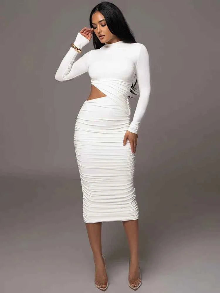 Vestido Midi Justo Drapeado com Recorte Lateral, Gola Alta e Manga Longa – Plouf VIEUX OFICIAL